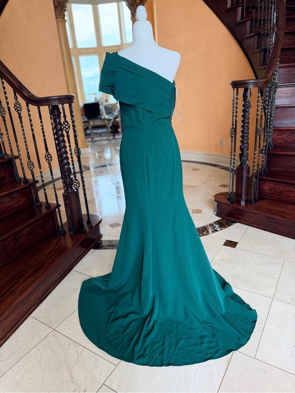 Terani Couture Emerald Green One-Shoulder Beaded Gown - Picture 7 of 13
